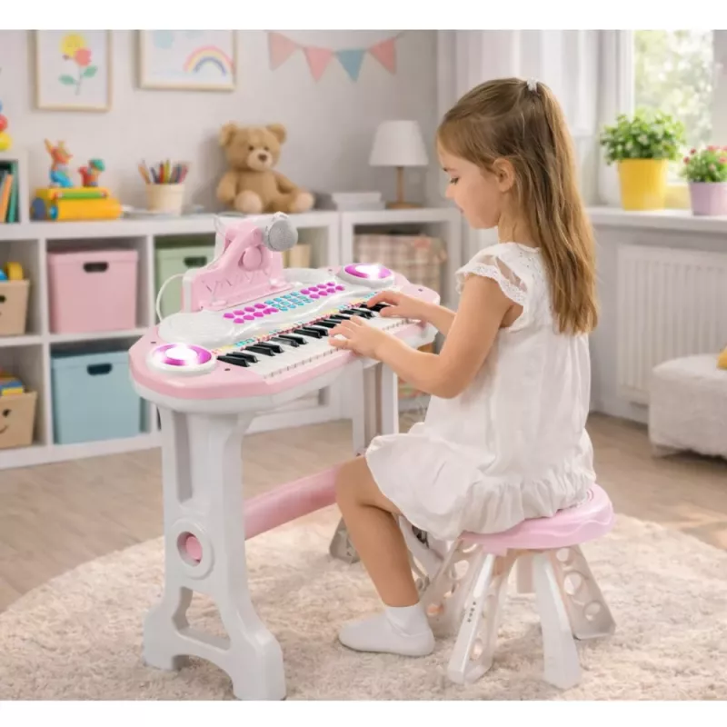 LEAN TOYS Elektroniczne Pianino Organy dla Dzieci z Stołkiem, Mikrofonem, MP3 - Różowy