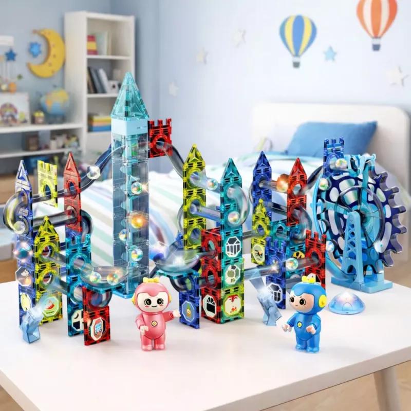 LEAN TOYS Zestaw Klocków Magnetycznych z Torem Kulkowym i Kołem Młyńskim 118 el.