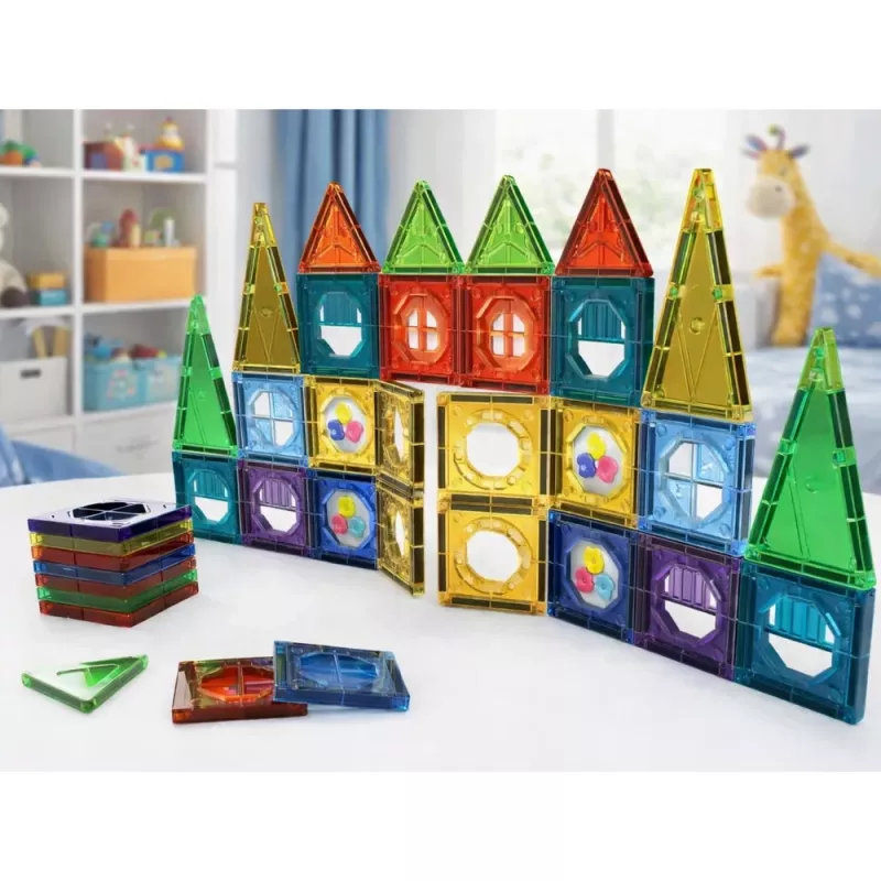 LEAN TOYS Zestaw Magnetycznych Klocków Konstrukcyjnych 3D Okna Kolorowe Panele 56 szt.