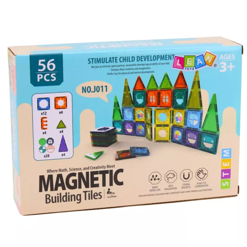 LEAN TOYS Zestaw Magnetycznych Klocków Konstrukcyjnych 3D Okna Kolorowe Panele 56 szt.