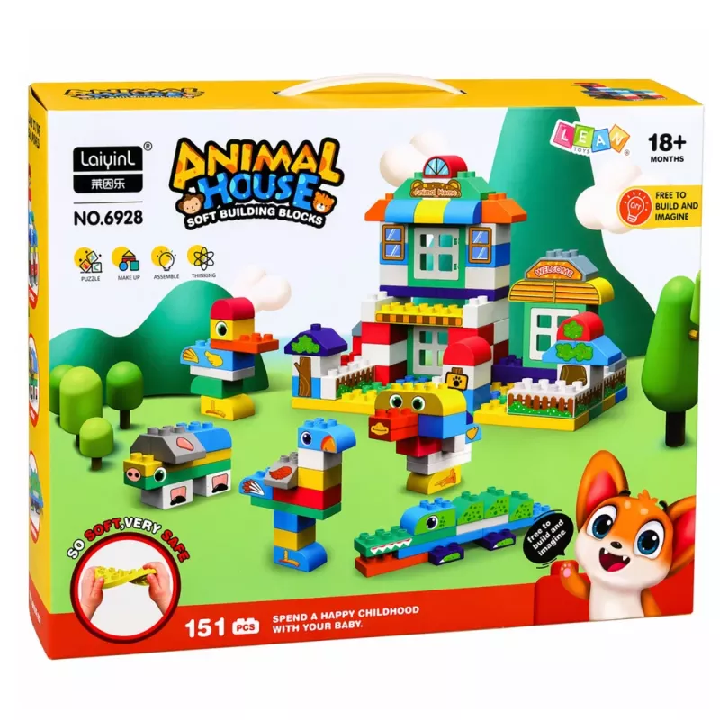 LEAN TOYS Miękkie Sensoryczne Silikonowe Klocki Konstrukcyjne Animal House 151 szt.
