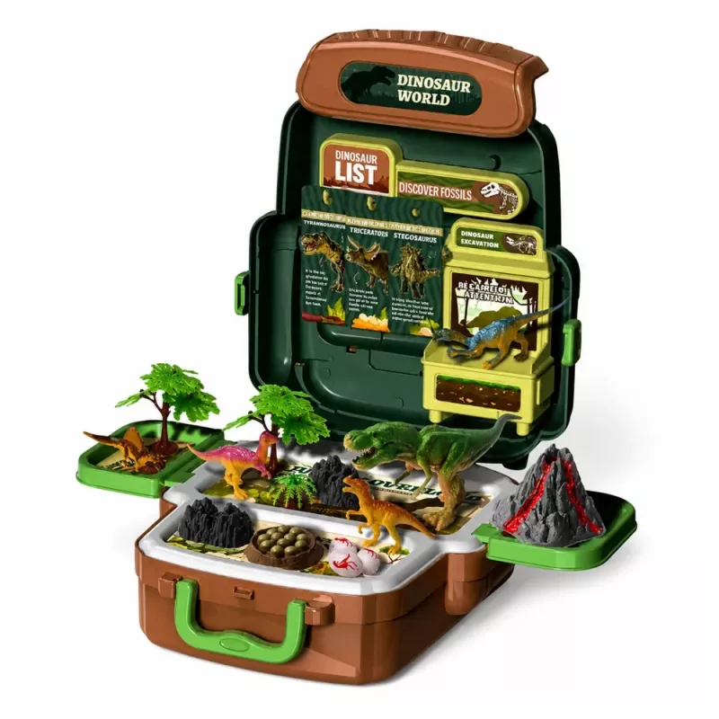 LEAN TOYS Zestaw Dinozaurów w Plecaku, Walizka, Figurki, Karty Edukacyjne, Akcesoria, 30 szt.