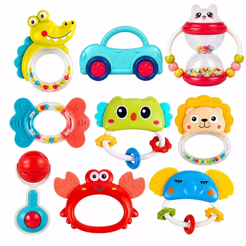 LEAN TOYS Zestaw grzechotek, gryzaków, zabawek dla maluchów, kolorowe, ruchome, 9 szt.