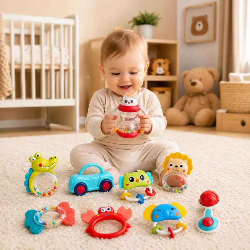 LEAN TOYS Zestaw grzechotek, gryzaków, zabawek dla maluchów, kolorowe, ruchome, 9 szt.