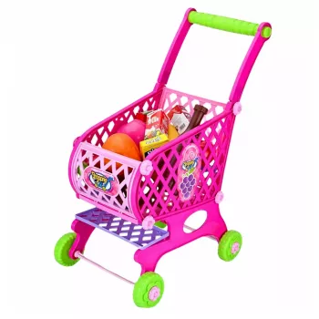 LEAN TOYS Duży wózek sklepowy dla dzieci z akcesoriami spożywczymi, różowy, 52 cm, 46 elementów