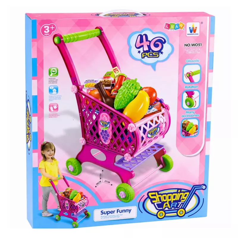 LEAN TOYS Duży wózek sklepowy dla dzieci z akcesoriami spożywczymi, różowy, 52 cm, 46 elementów