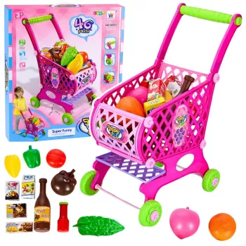 LEAN TOYS Duży wózek sklepowy dla dzieci z akcesoriami spożywczymi, różowy, 52 cm, 46 elementów