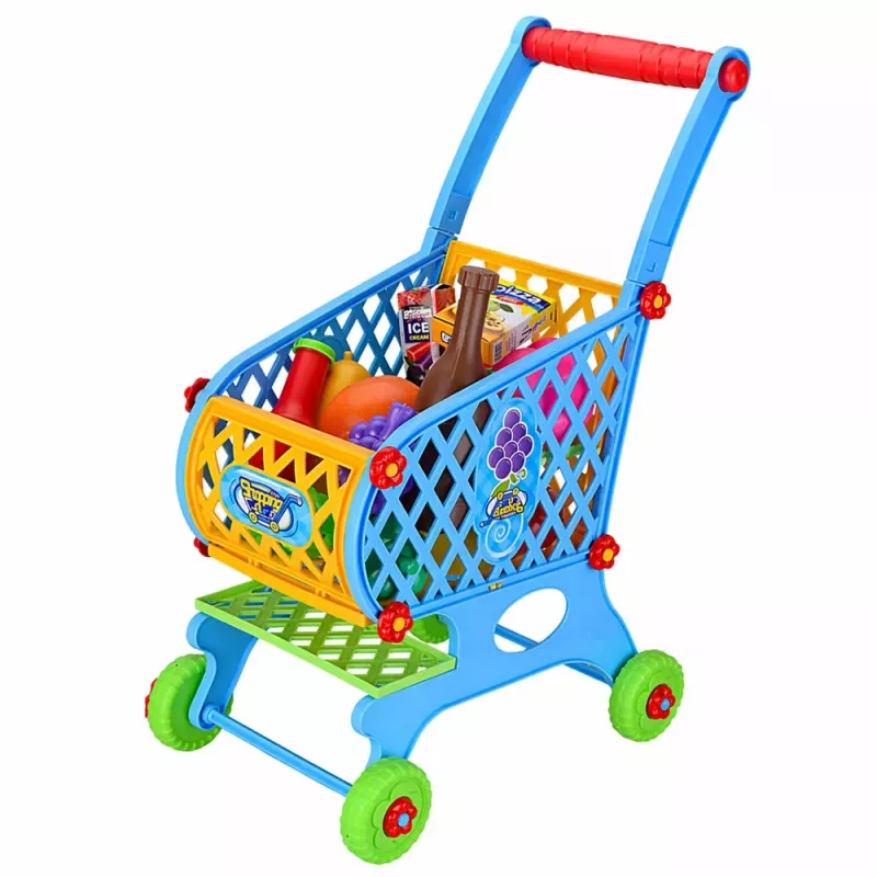 LEAN TOYS Duży wózek sklepowy dla dzieci z akcesoriami Niebieski 52cm 46 szt.