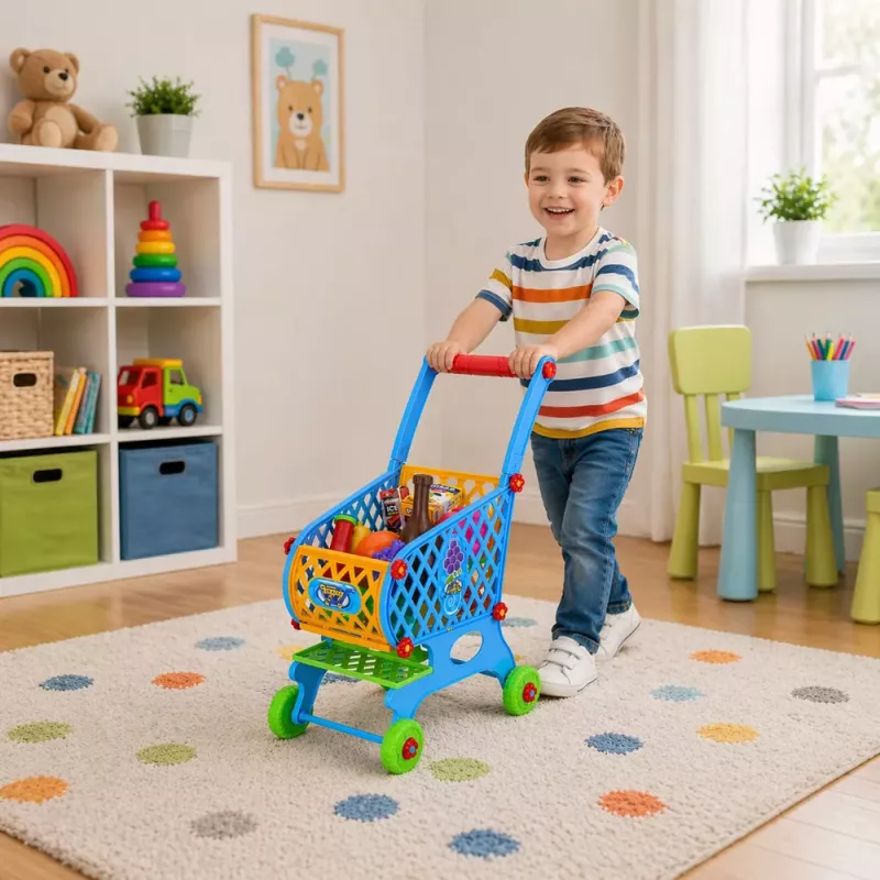 LEAN TOYS Duży wózek sklepowy dla dzieci z akcesoriami Niebieski 52cm 46 szt.