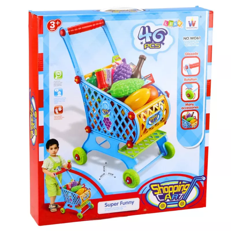 LEAN TOYS Duży wózek sklepowy dla dzieci z akcesoriami Niebieski 52cm 46 szt.