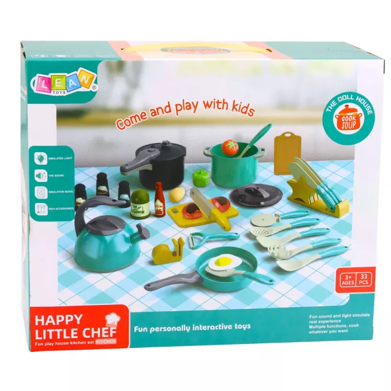 LEAN TOYS Little Chef's Set - Garnki, Naczynia, Czajnik, Turkusowy, 33 Elementy