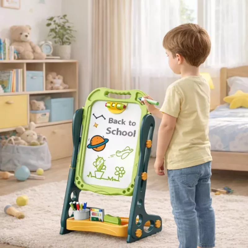 LEAN TOYS Dwustronna magnetyczna tablica kredowa i suchościeralna, zielona, 52 elementy