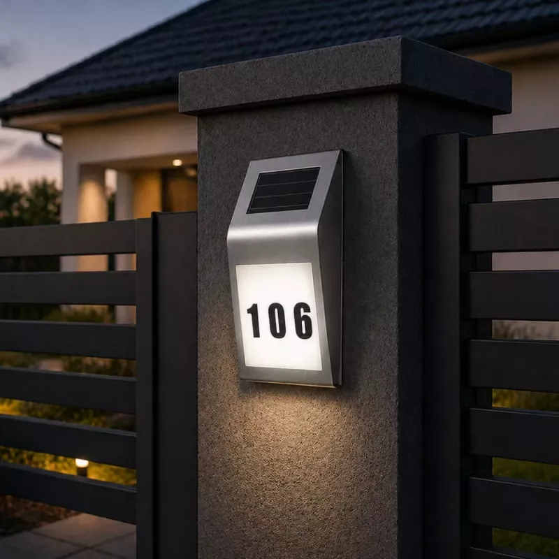 LEAN Solar LED Wall Lamp z podświetleniem numeru domu, stal nierdzewna