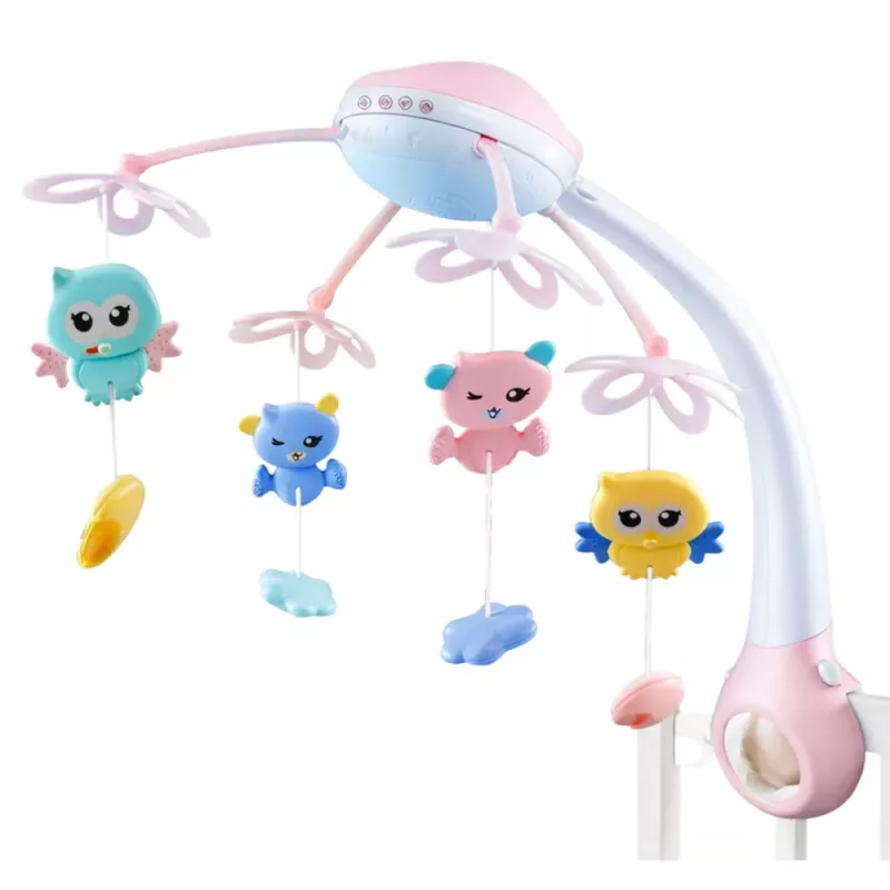 LEAN TOYS Karuzela do łóżeczka z projektorem 2 w 1 Melodie Odgłosy zwierząt Pilot Różowy