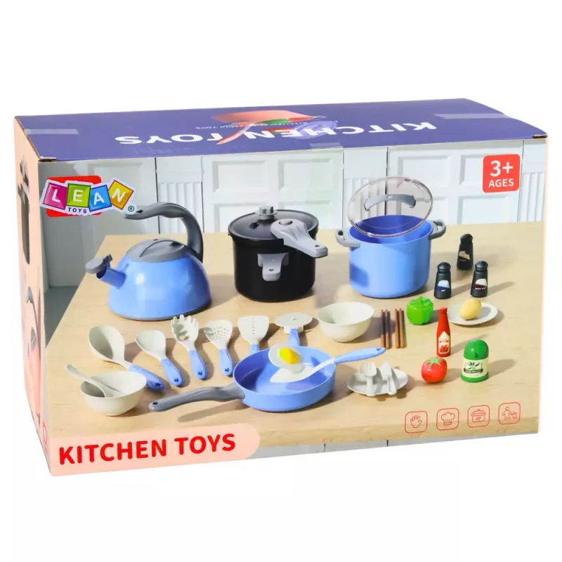 LEAN TOYS Zestaw naczyń kuchennych Garnki Patelnia Czajnik Akcesoria Niebieski 32 szt.