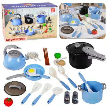 LEAN TOYS Zestaw naczyń kuchennych Garnki Patelnia Czajnik Akcesoria Niebieski 32 szt.