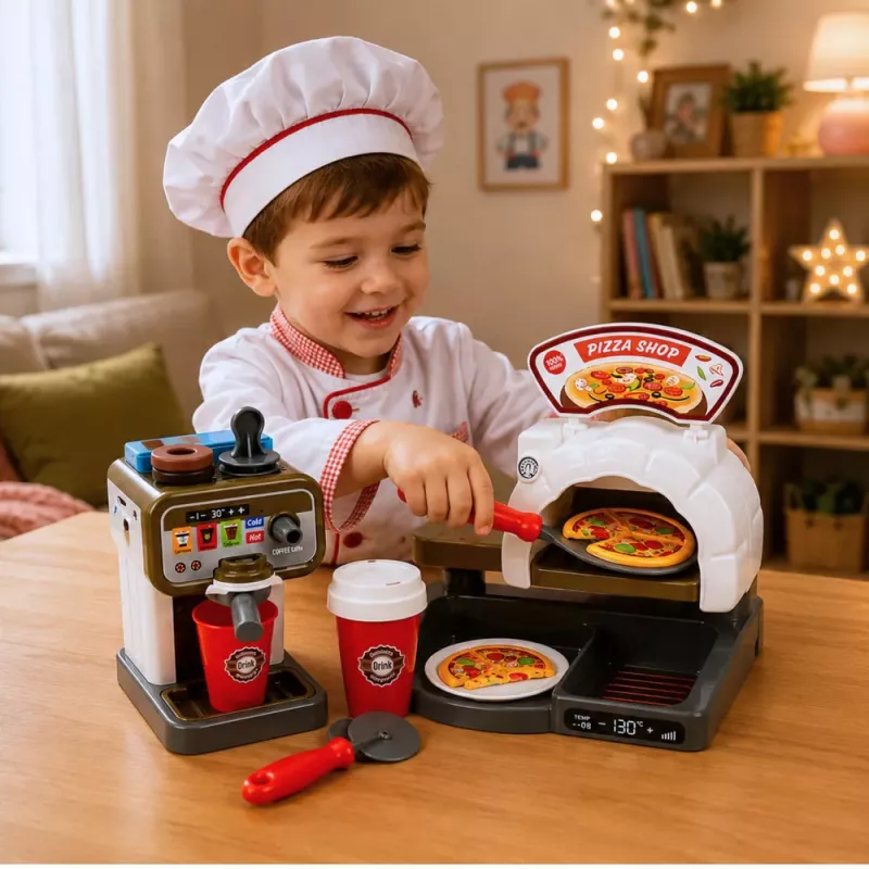 Zestaw Pizzeria LEAN TOYS z piekarnikiem do pizzy, ekspresem do kawy i akcesoriami