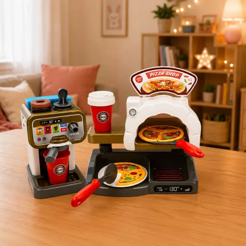 Zestaw Pizzeria LEAN TOYS z piekarnikiem do pizzy, ekspresem do kawy i akcesoriami