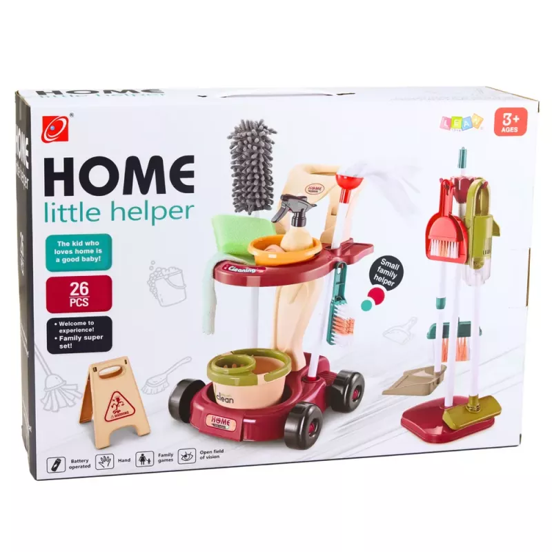 LEAN TOYS Zestaw Sprzątający dla Dzieci z Wózkiem, Mopem, Wiaderkiem i Odkurzaczem, 26 elementów