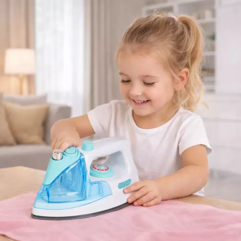 LEAN TOYS Żelazko dla dzieci z funkcją spryskiwania wodą, światłem i dźwiękiem, niebieskie
