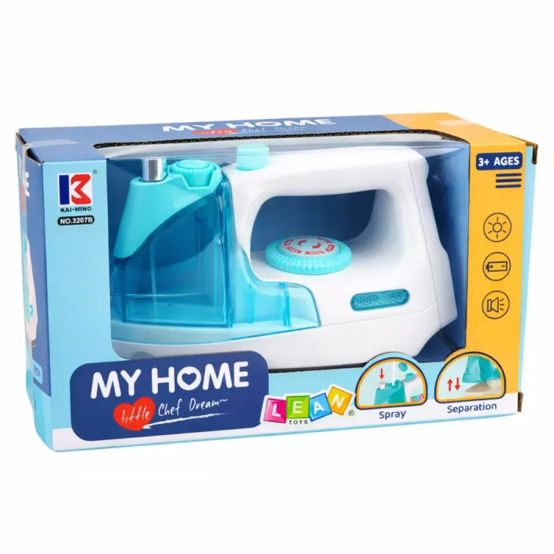 LEAN TOYS Żelazko dla dzieci z funkcją spryskiwania wodą, światłem i dźwiękiem, niebieskie