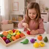 LEAN TOYS Drewniany zestaw do krojenia owoców z magnetycznym bezpiecznym nożem i deską