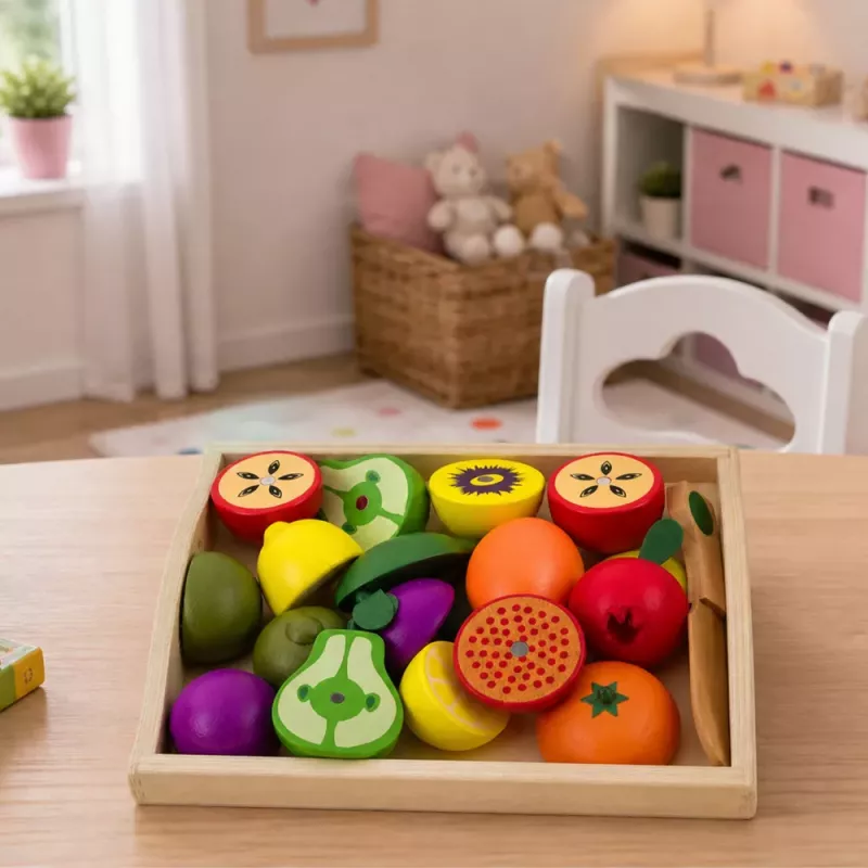 LEAN TOYS Drewniany zestaw do krojenia owoców z magnetycznym bezpiecznym nożem i deską
