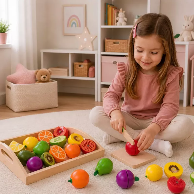 LEAN TOYS Drewniany zestaw do krojenia owoców z magnetycznym bezpiecznym nożem i deską