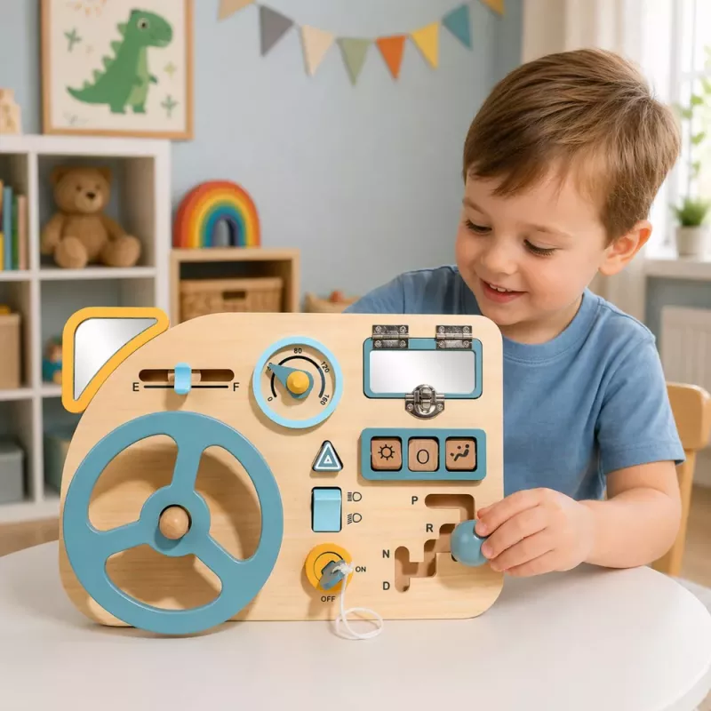 LEAN TOYS Drewniana Tablica Manipulacyjna Sensoryczna Kierownica Przełącznik Dźwignia