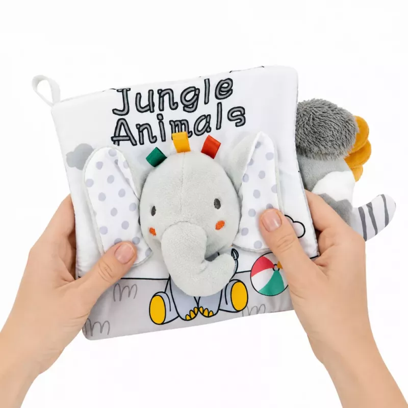 LEAN TOYS Miękka książeczka sensoryczna z szeleszczącym i piszczącym słonikiem, szary