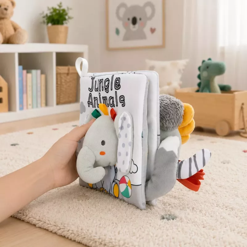 LEAN TOYS Miękka książeczka sensoryczna z szeleszczącym i piszczącym słonikiem, szary