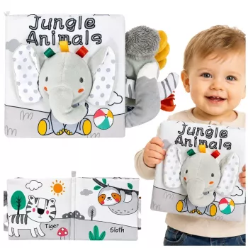 LEAN TOYS Miękka książeczka sensoryczna z szeleszczącym i piszczącym słonikiem, szary