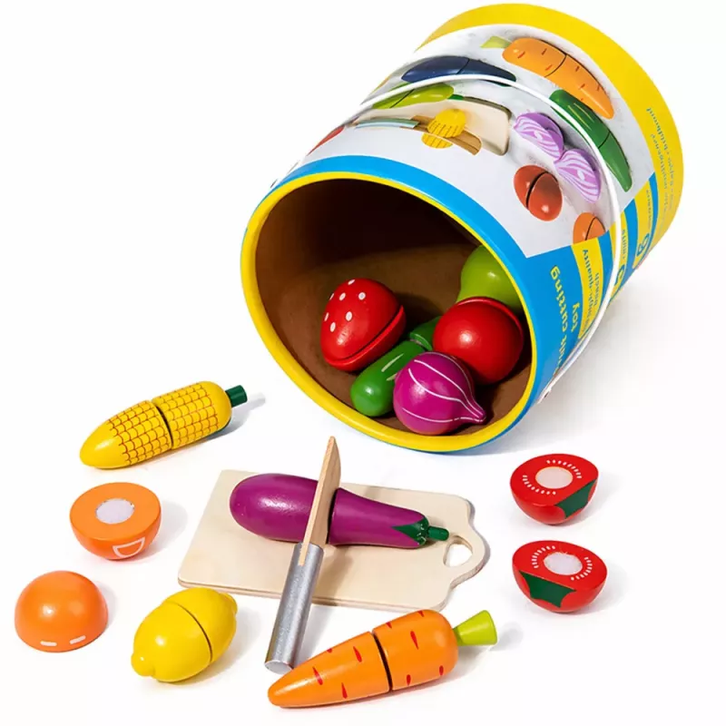 LEAN TOYS Drewniana deska do krojenia owoców i warzyw z bezpiecznym nożem i wiaderkiem 13 elementów
