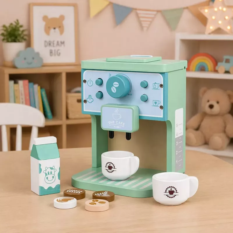 LEAN TOYS Drewniany Zestaw Ekspresu do Kawy, Kubków, Mleka, Akcesoriów dla Dzieci