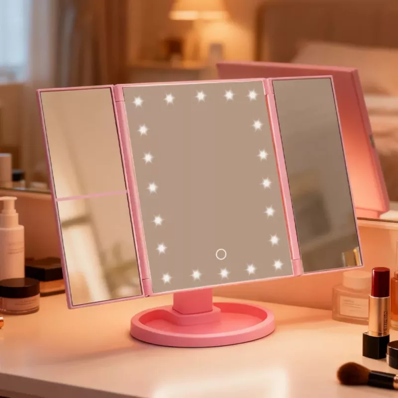 LEAN LED Cosmetic Mirror Folding Magnifying Touch Rotating Pink