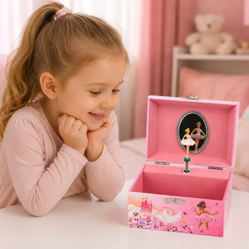 LEAN TOYS Nakręcana pozytywka z biżuterią dla dzieci z lusterkiem, różowa