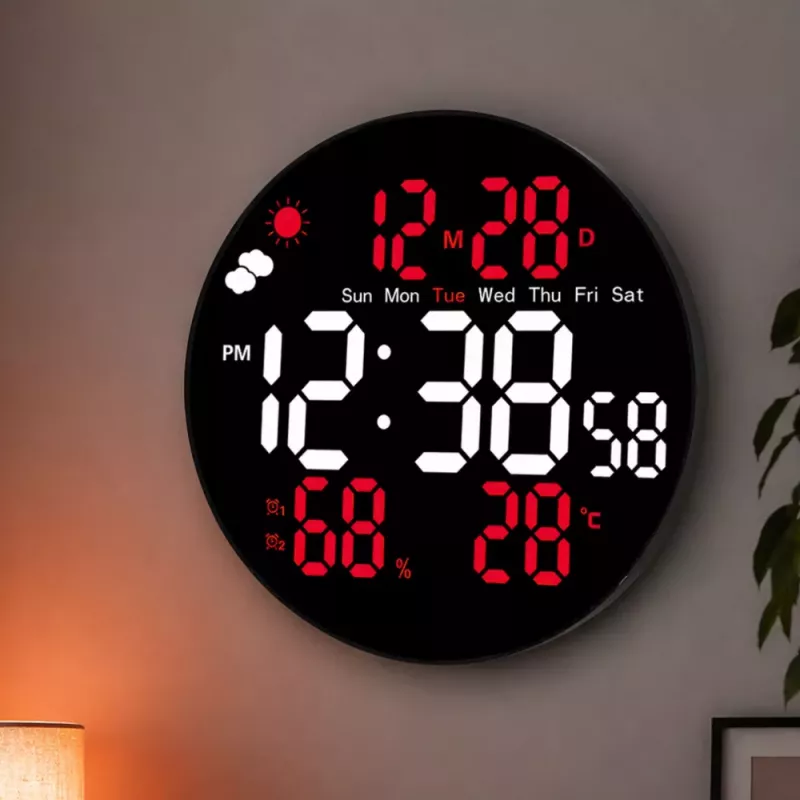 LEAN Cyfrowy Zegar Ścienny LED Data Temperatura Wilgotność Budzik Pilot 25 cm