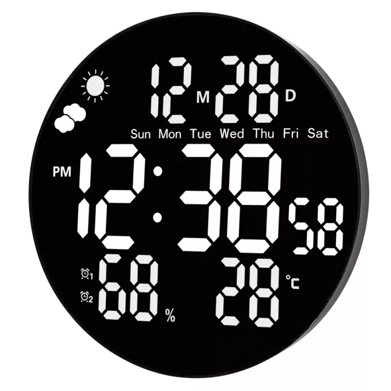 LEAN Cyfrowy Zegar Ścienny LED Data Temperatura Wilgotność Budzik Pilot 25 cm