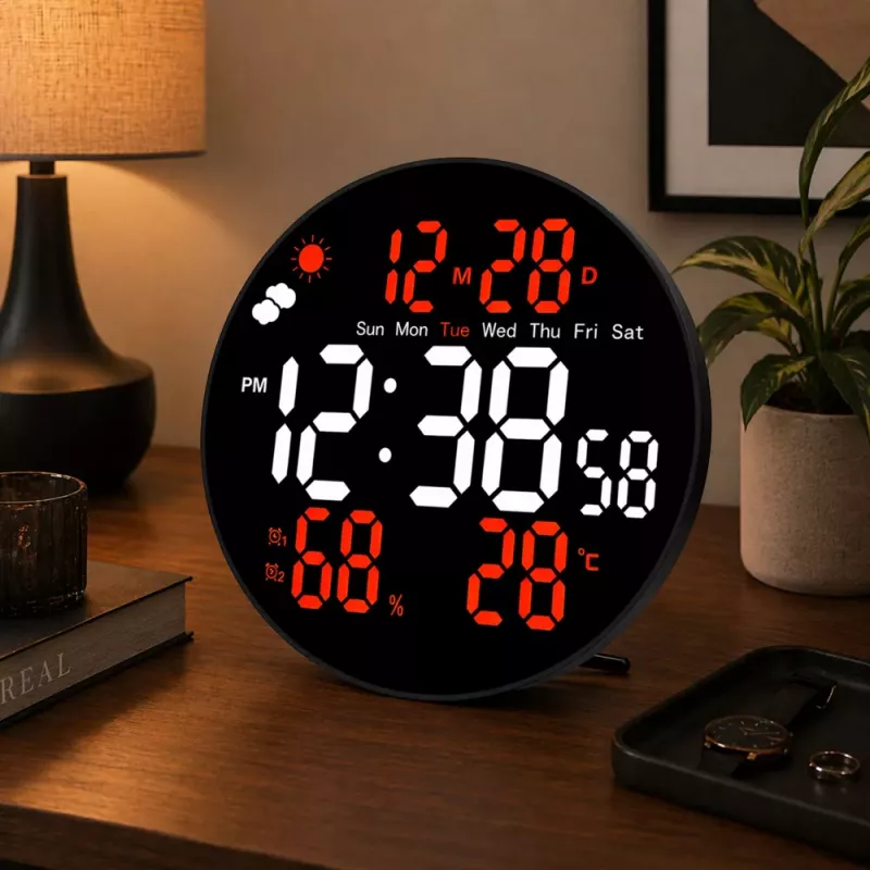 LEAN Cyfrowy Zegar Ścienny LED Data Temperatura Wilgotność Budzik Pilot 25 cm