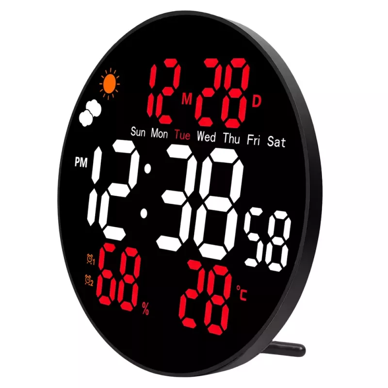 LEAN Cyfrowy Zegar Ścienny LED Data Temperatura Wilgotność Budzik Pilot 25 cm