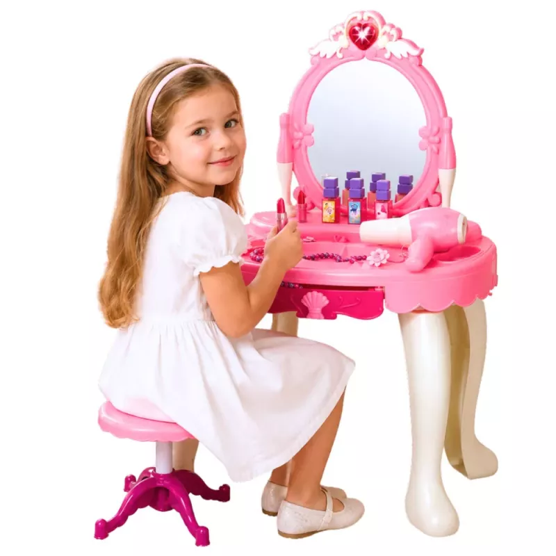 LEAN TOYS Dziecięcy stolik toaletowy z krzesłem, światła, suszarka, akcesoria, dźwięki, różowy