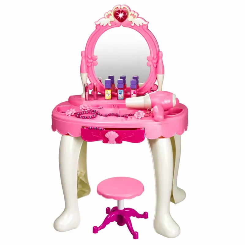 LEAN TOYS Dziecięcy stolik toaletowy z krzesłem, światła, suszarka, akcesoria, dźwięki, różowy
