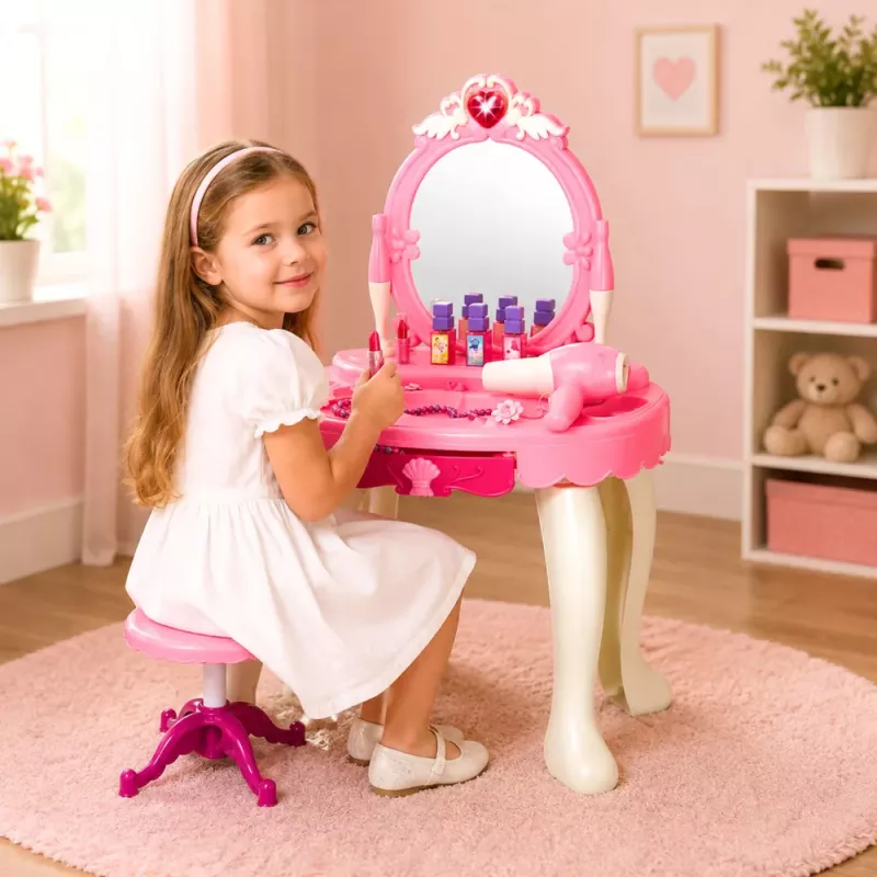 LEAN TOYS Dziecięcy stolik toaletowy z krzesłem, światła, suszarka, akcesoria, dźwięki, różowy