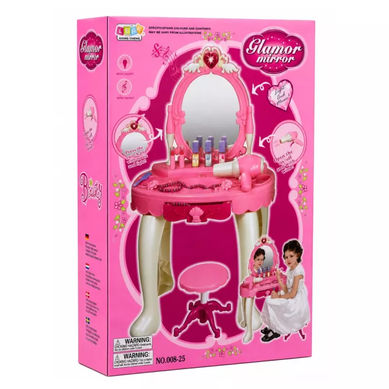 LEAN TOYS Dziecięcy stolik toaletowy z krzesłem, światła, suszarka, akcesoria, dźwięki, różowy