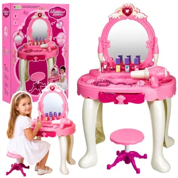 LEAN TOYS Dziecięcy stolik toaletowy z krzesłem, światła, suszarka, akcesoria, dźwięki, różowy
