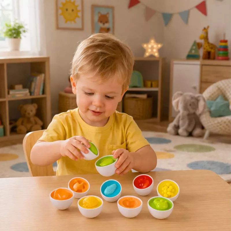 LEAN TOYS Sortownik Jajek Edukacyjny, Dopasowywanie Kształtów, Kolorowe Owoce, 12 szt.