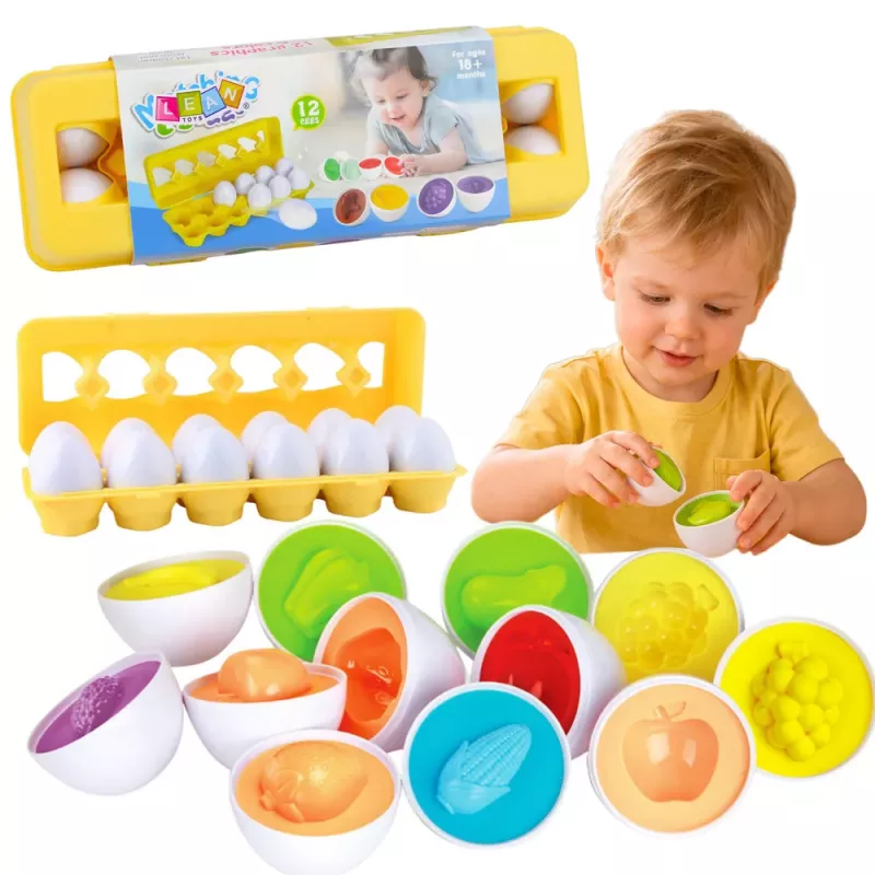 LEAN TOYS Sortownik Jajek Edukacyjny, Dopasowywanie Kształtów, Kolorowe Owoce, 12 szt.