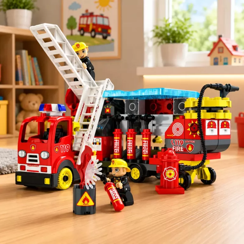 LEAN TOYS Składany Wóz Strażacki z Klocków z Figurkami Strażaków, Światłem i Dźwiękiem, 94 Elementy