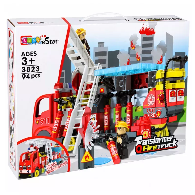 LEAN TOYS Składany Wóz Strażacki z Klocków z Figurkami Strażaków, Światłem i Dźwiękiem, 94 Elementy