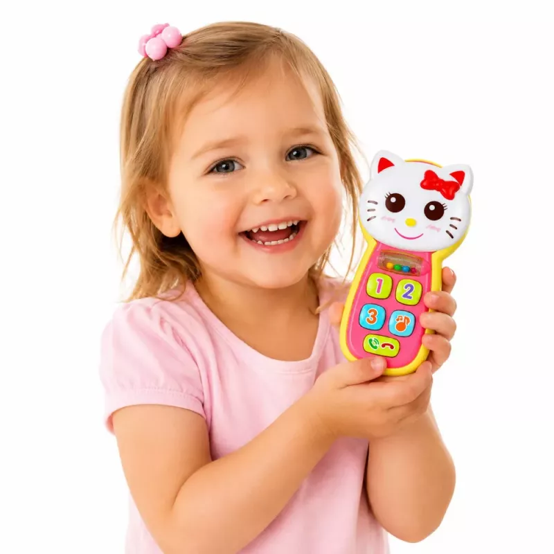 LEAN TOYS Interaktywny Telefonik dla Niemowląt Kotek Lustereczko Grzechotka Światła Dźwięk